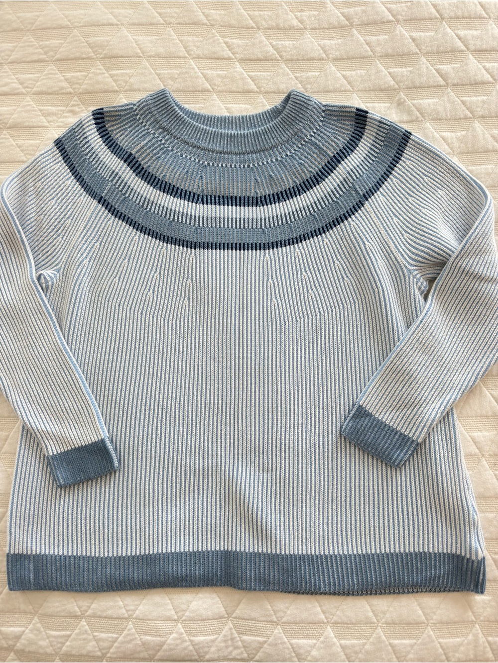 Lands' End Cream Sweater with Blue Ribbed Yoke